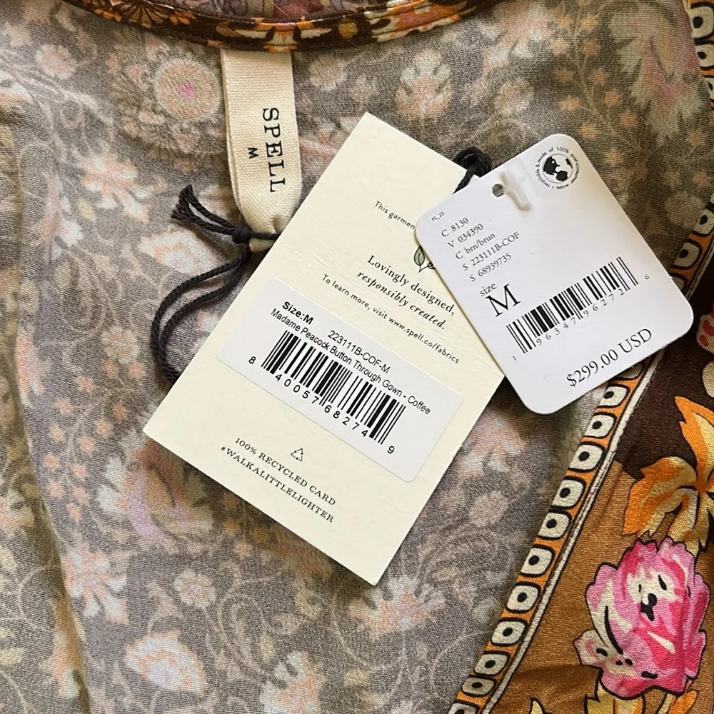 NWT💫Exclusive💫 Spell/Free People Madame Peacock Button Thru Gown in Coffee med - Picture 10 of 12